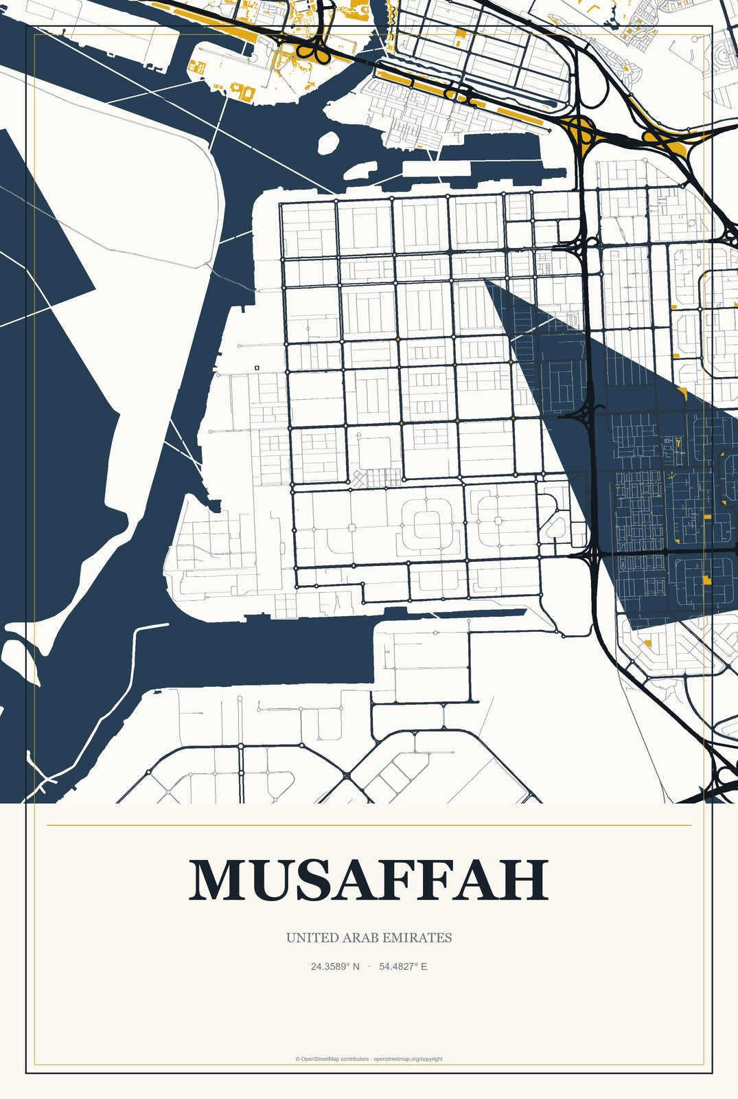 Musaffah, United Arab Emirates City Map Aluminum Sign in Citrine Modern style