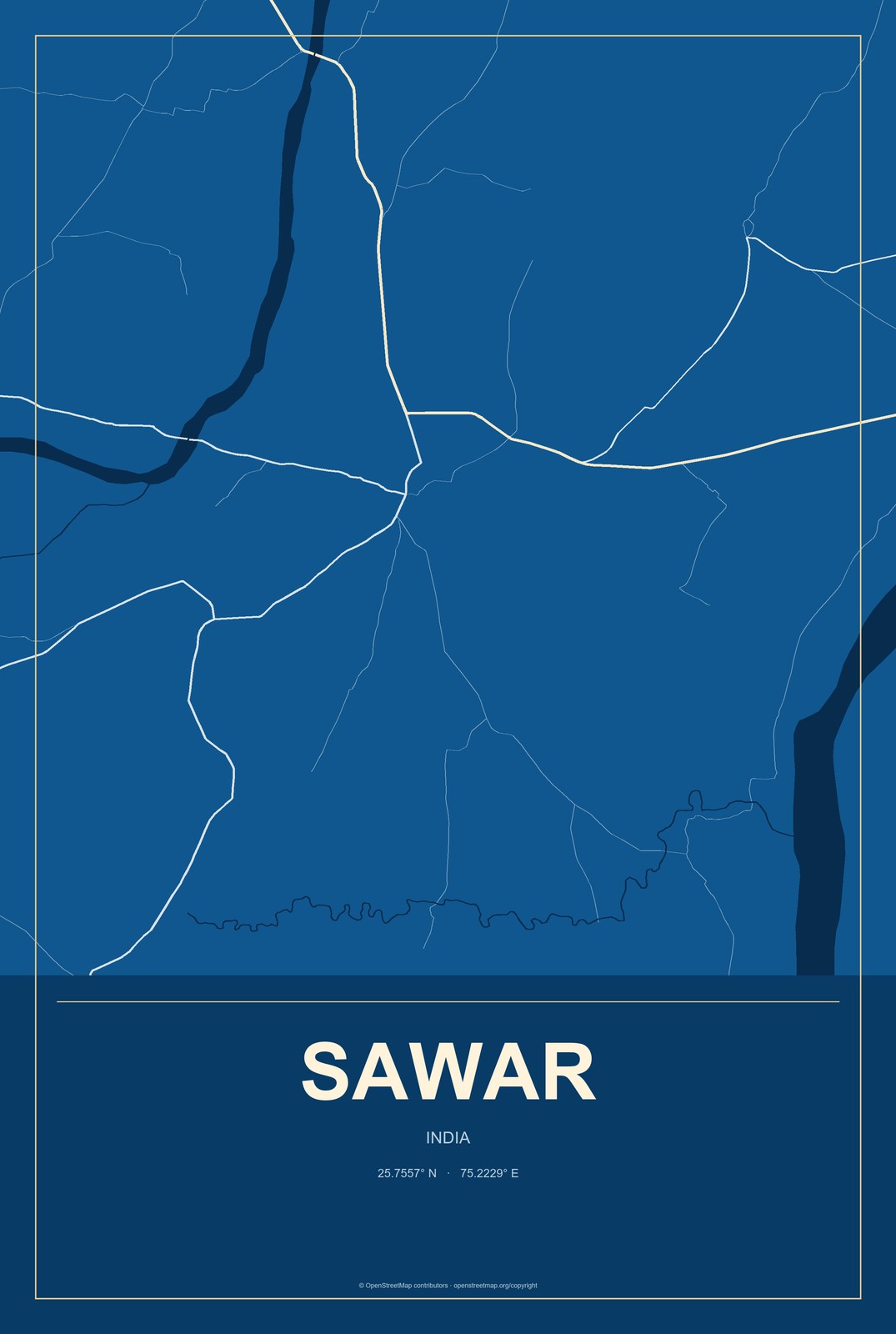 Sawar, India City Map Aluminum Sign in Harbor Cobalt style