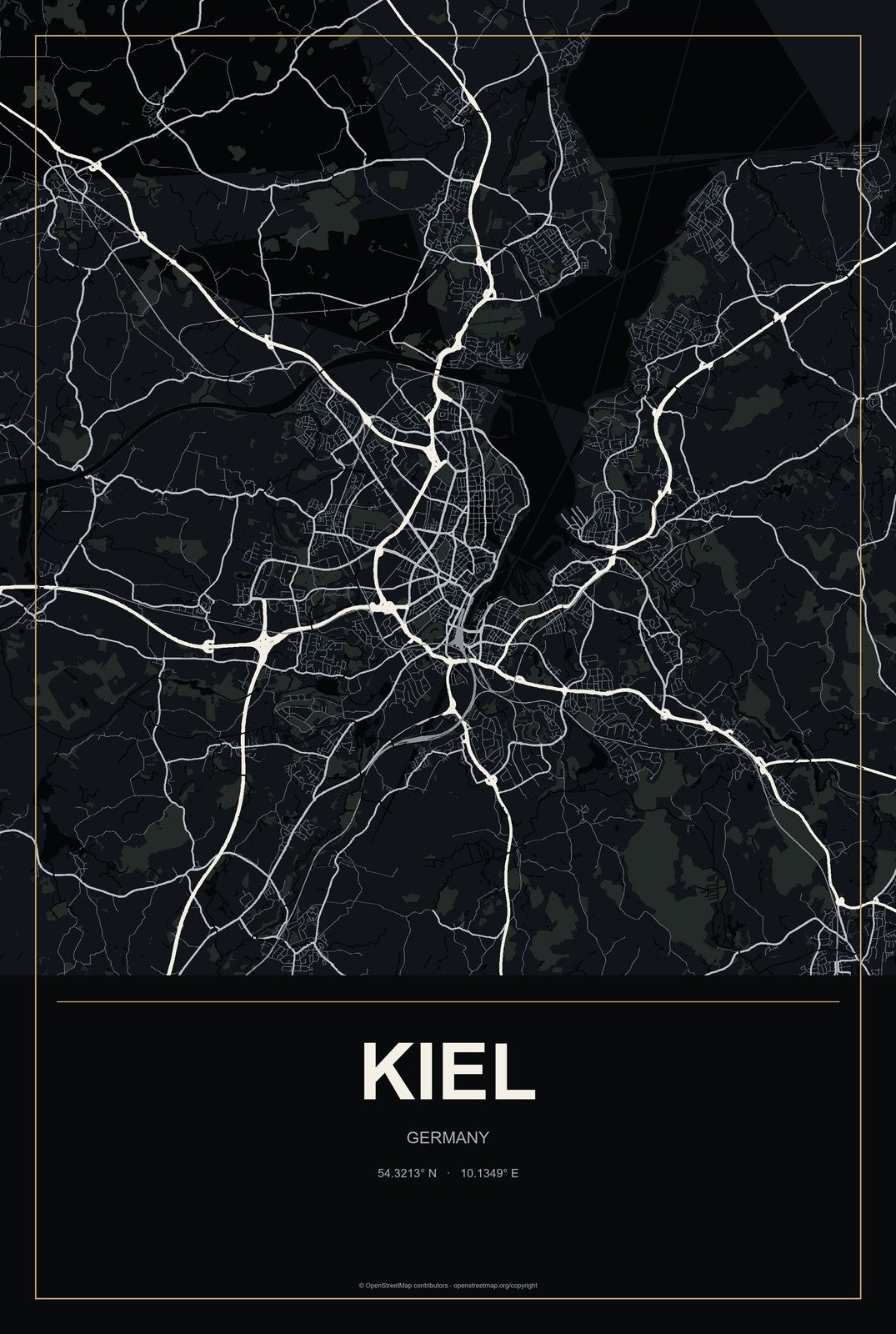 Kiel, Germany City Map Aluminum Sign in Metropolitan Noir style