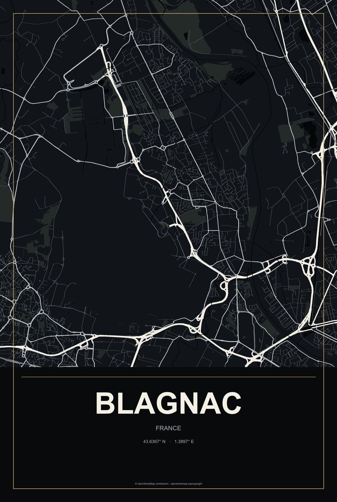 Blagnac, France City Map Aluminum Sign in Metropolitan Noir style