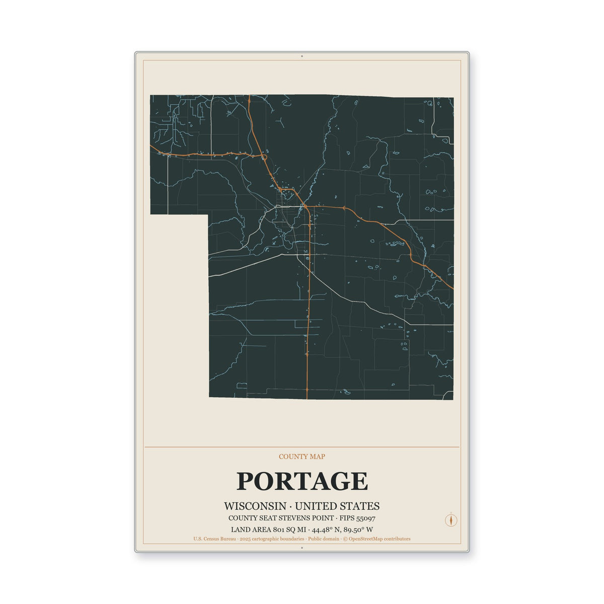 Portage County, Wisconsin Map Aluminum Sign in Headline Atlas style
