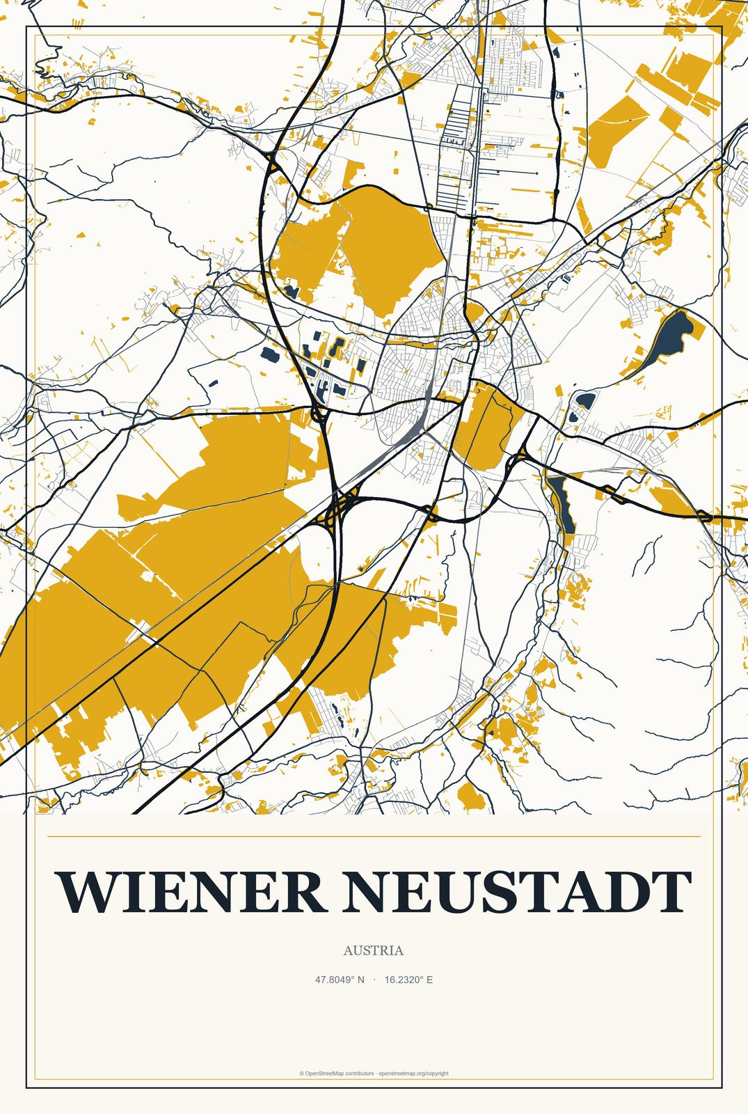 Wiener Neustadt, Austria City Map Aluminum Sign in Citrine Modern style