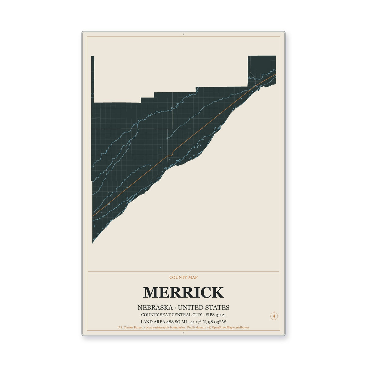 Merrick County, Nebraska Map Aluminum Sign in Headline Atlas style