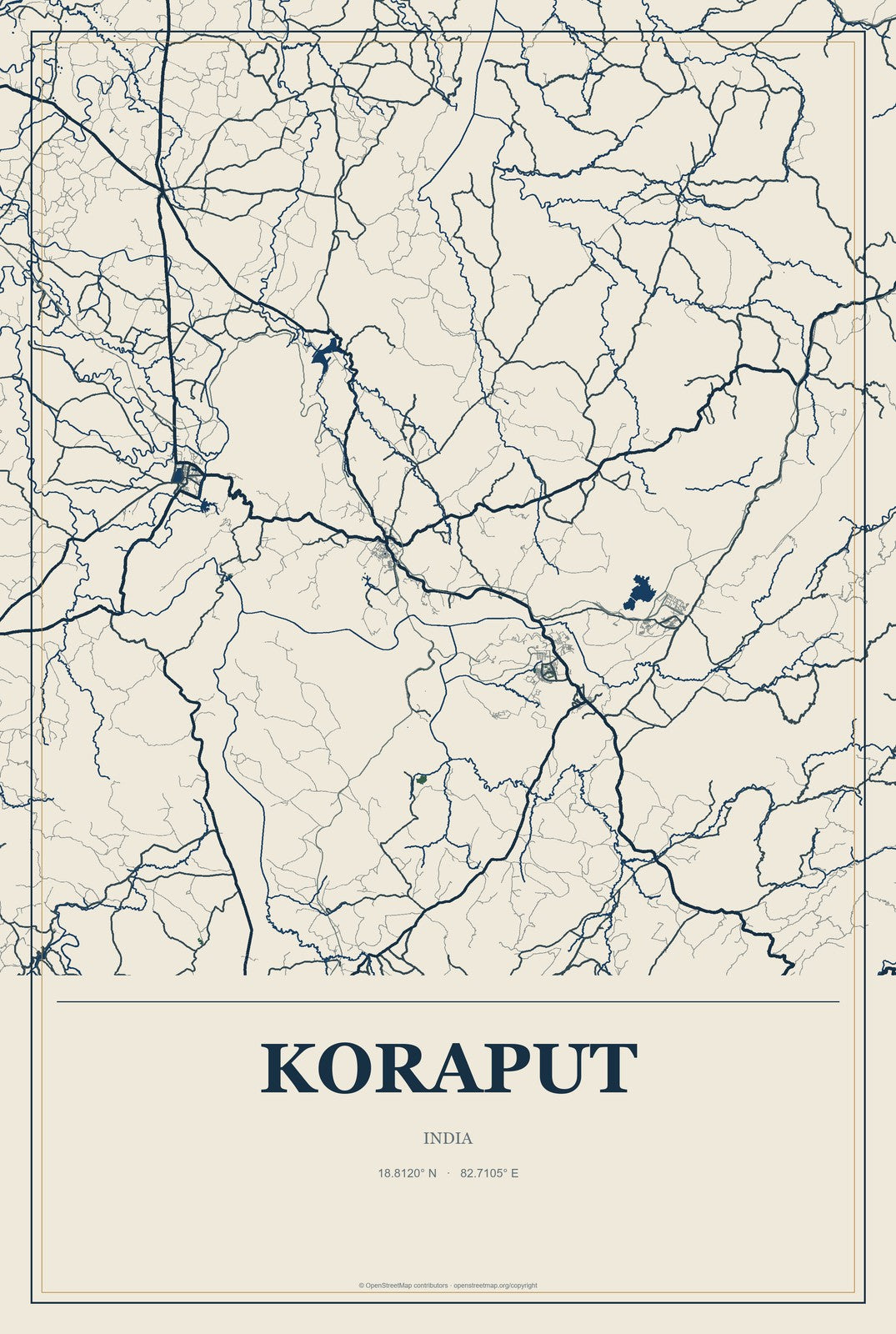 Koraput, India City Map Aluminum Sign in Coastal Cutout style