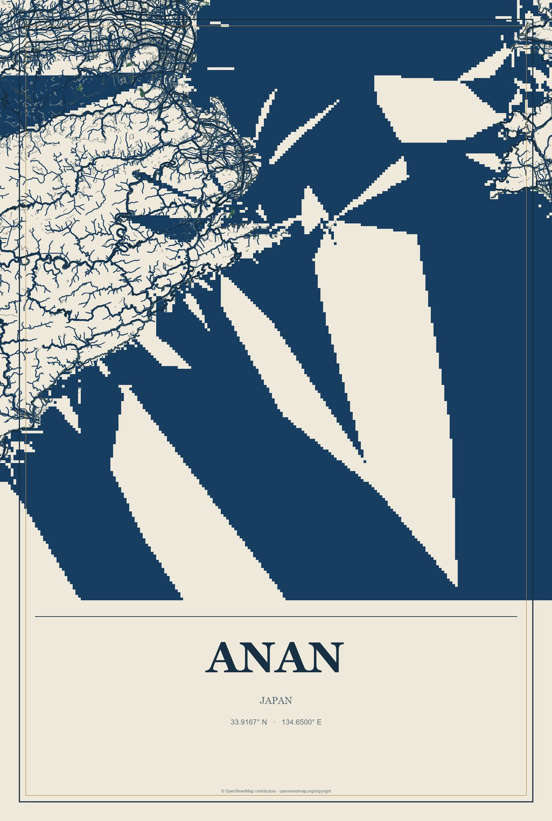 Anan, Japan City Map Aluminum Sign in Coastal Cutout style