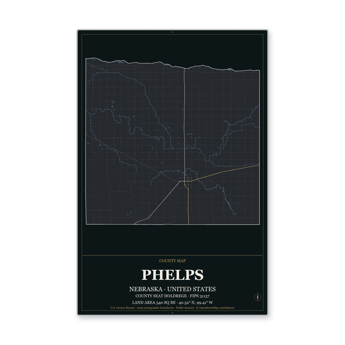 Phelps County, Nebraska Map Aluminum Sign in Metropolitan Noir style