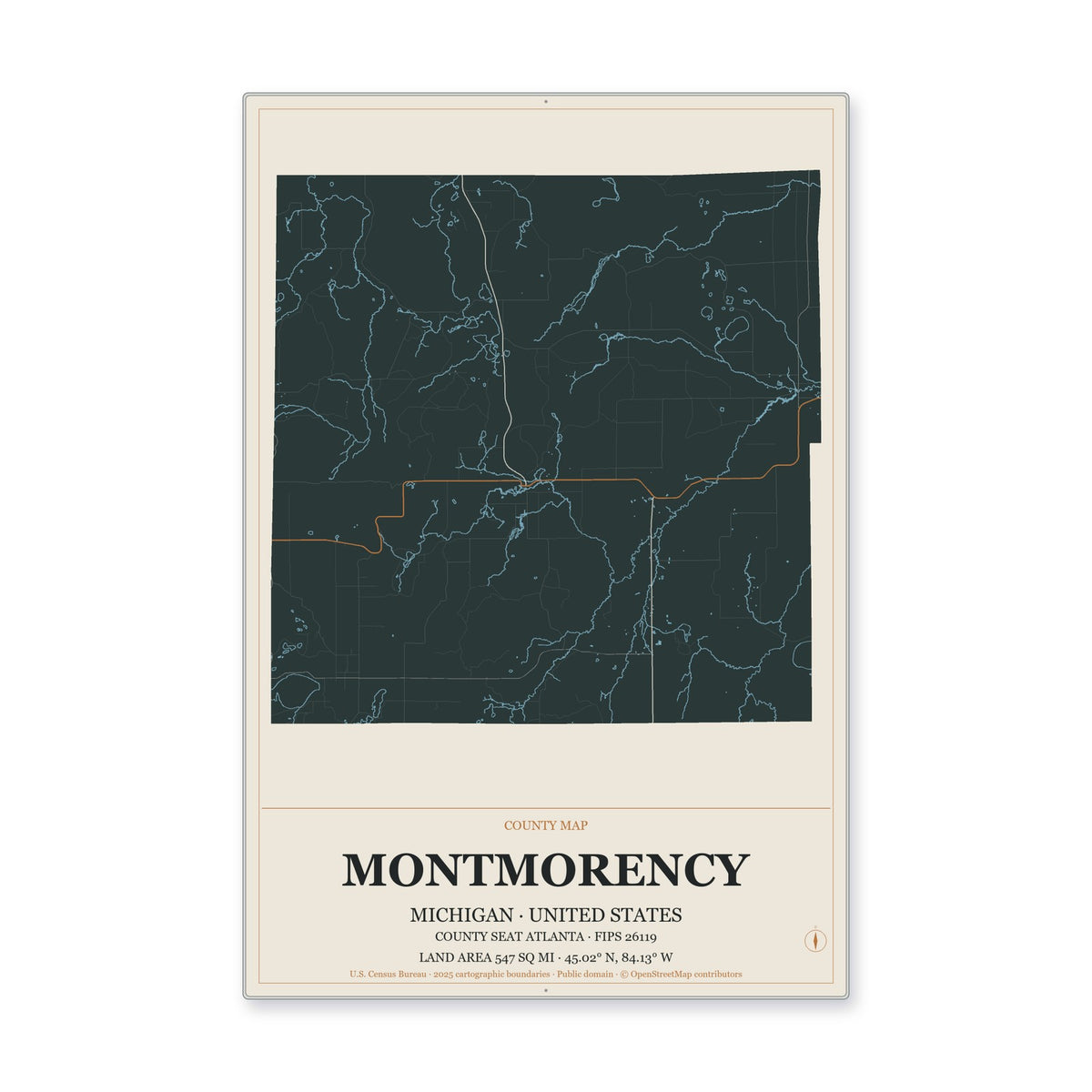 Montmorency County, Michigan Map Aluminum Sign in Headline Atlas style