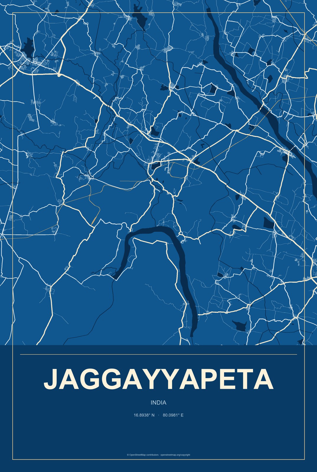 Jaggayyapeta, India City Map Aluminum Sign in Harbor Cobalt style