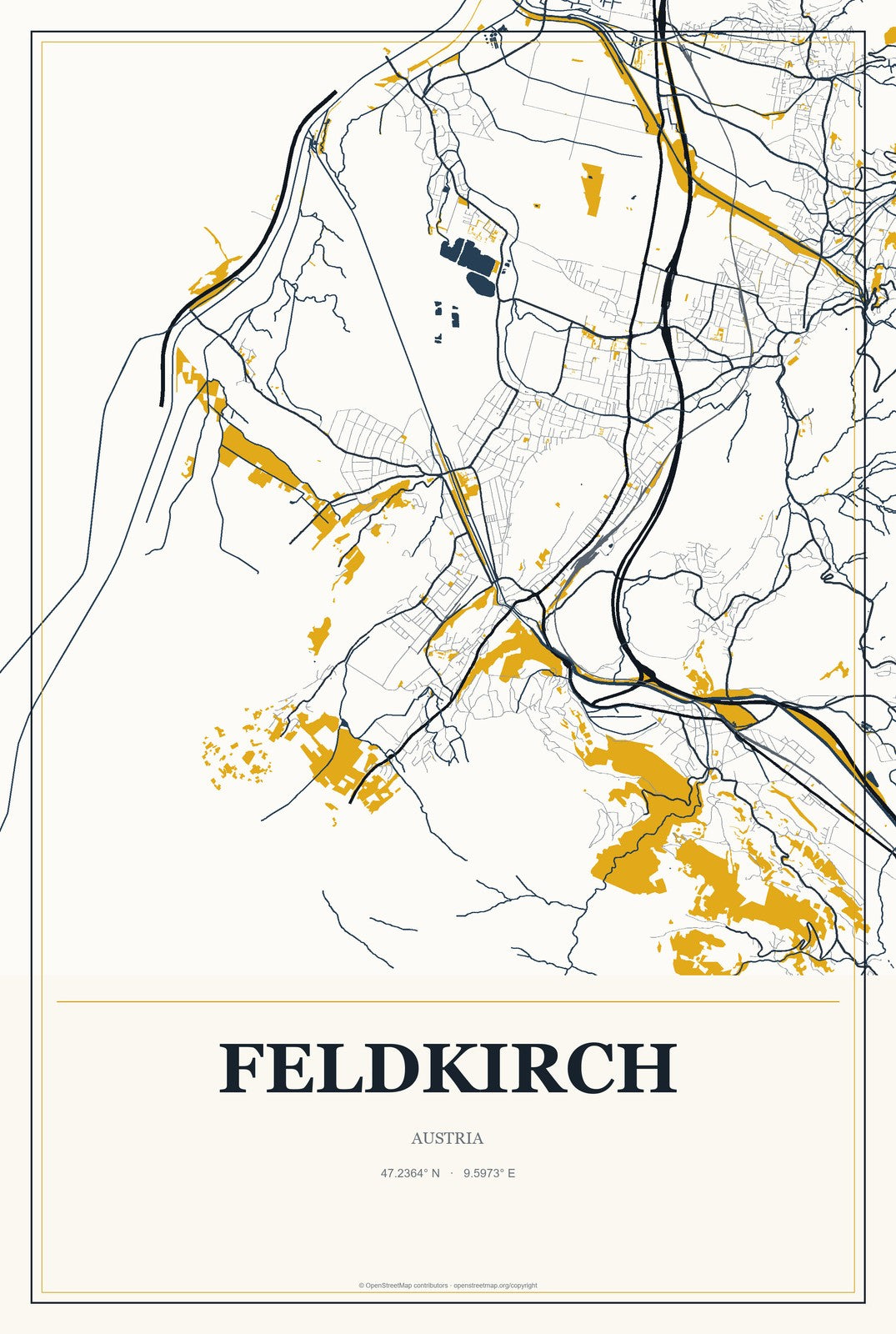 Feldkirch, Austria City Map Aluminum Sign in Citrine Modern style