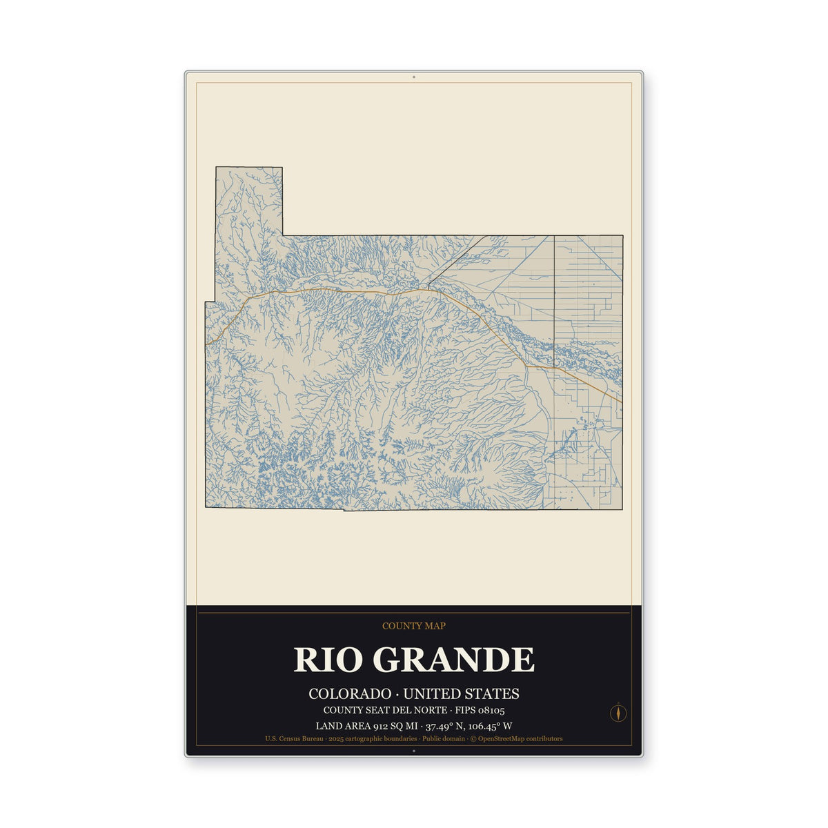Rio Grande County, Colorado Map Aluminum Sign in Museum Plaque style