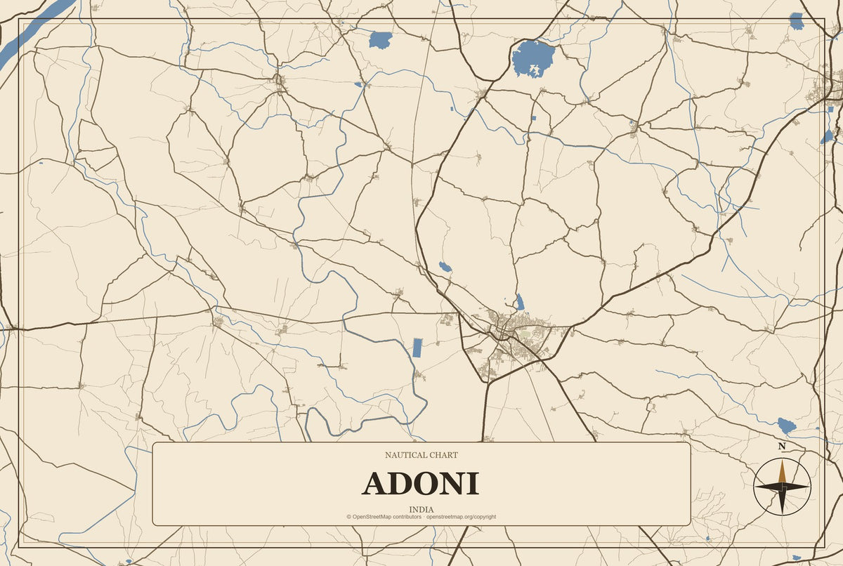 Adoni, India City Map Aluminum Sign in Heritage Nautical style