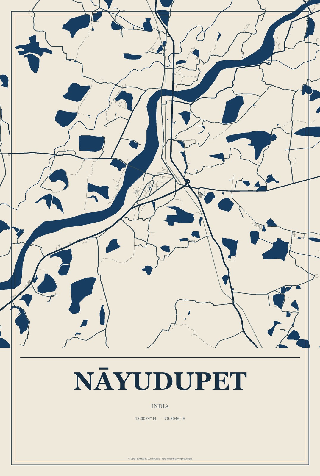 Nāyudupet, India City Map Aluminum Sign in Coastal Cutout style