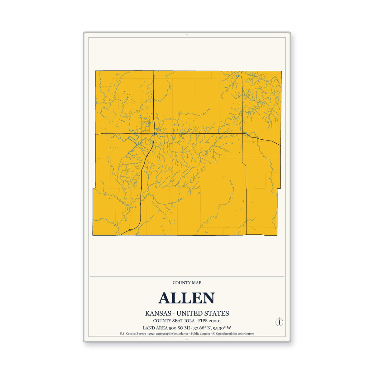 Allen County, Kansas Map Aluminum Sign in Citrine Modern style