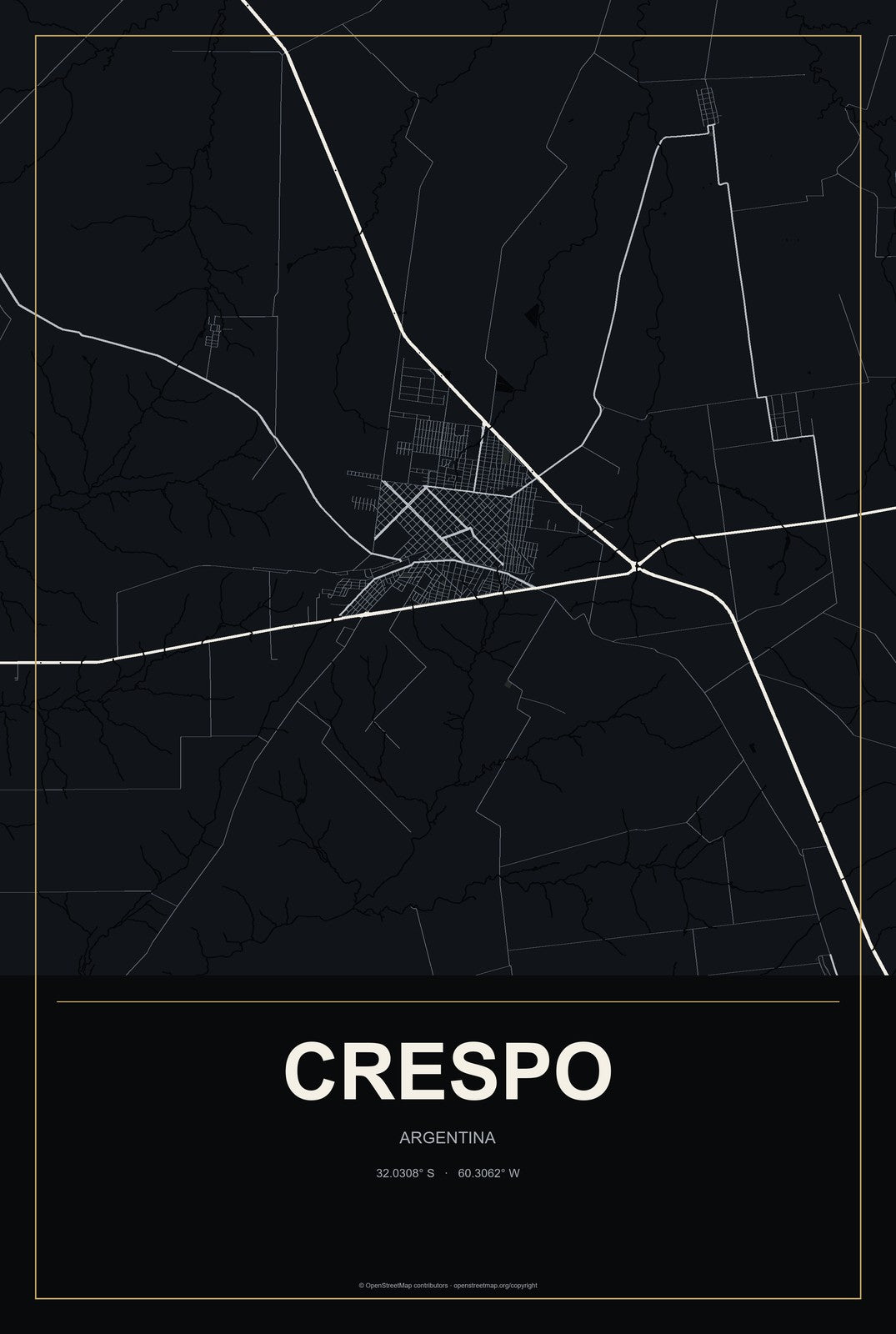 Crespo, Argentina City Map Aluminum Sign in Metropolitan Noir style