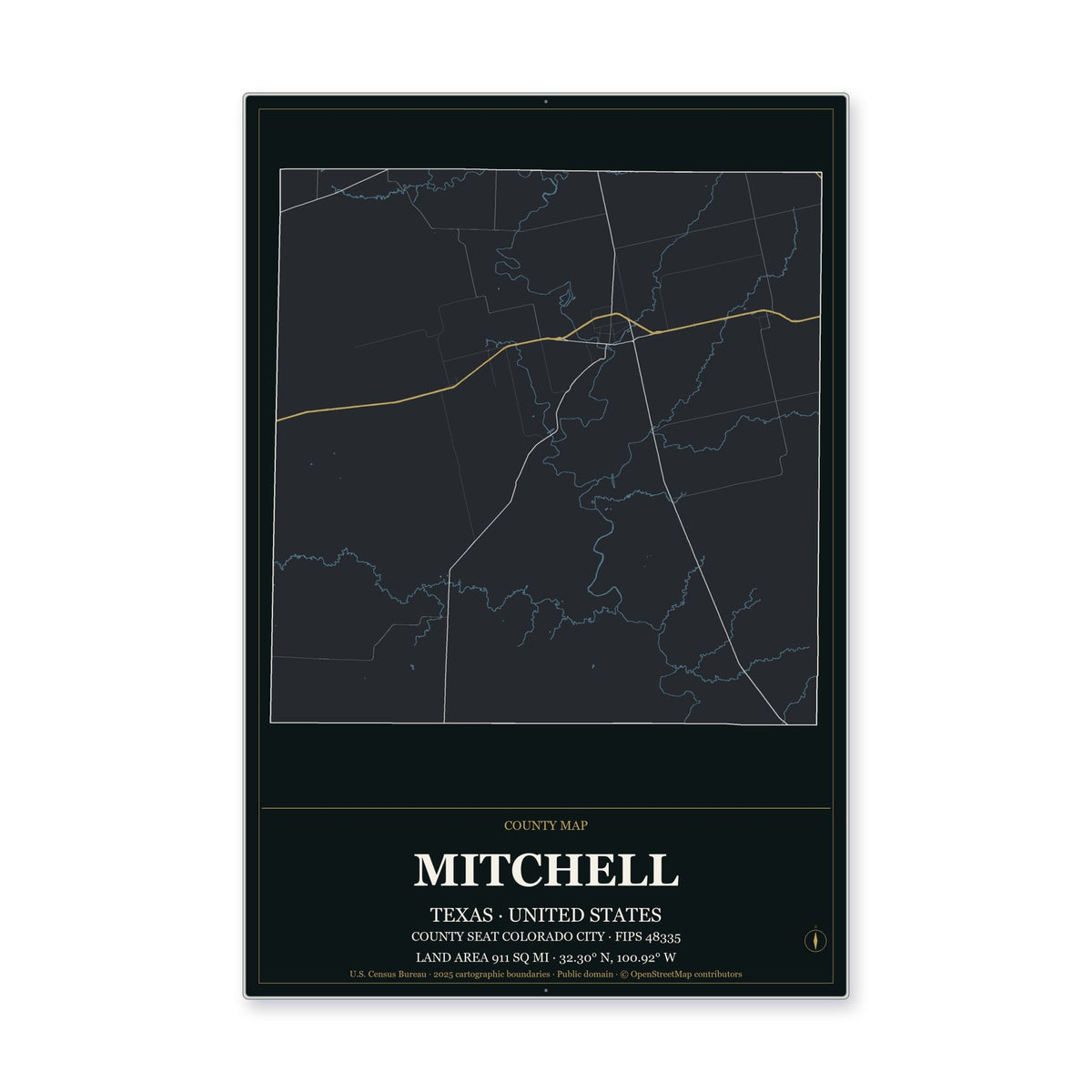 Mitchell County, Texas Map Aluminum Sign in Metropolitan Noir style