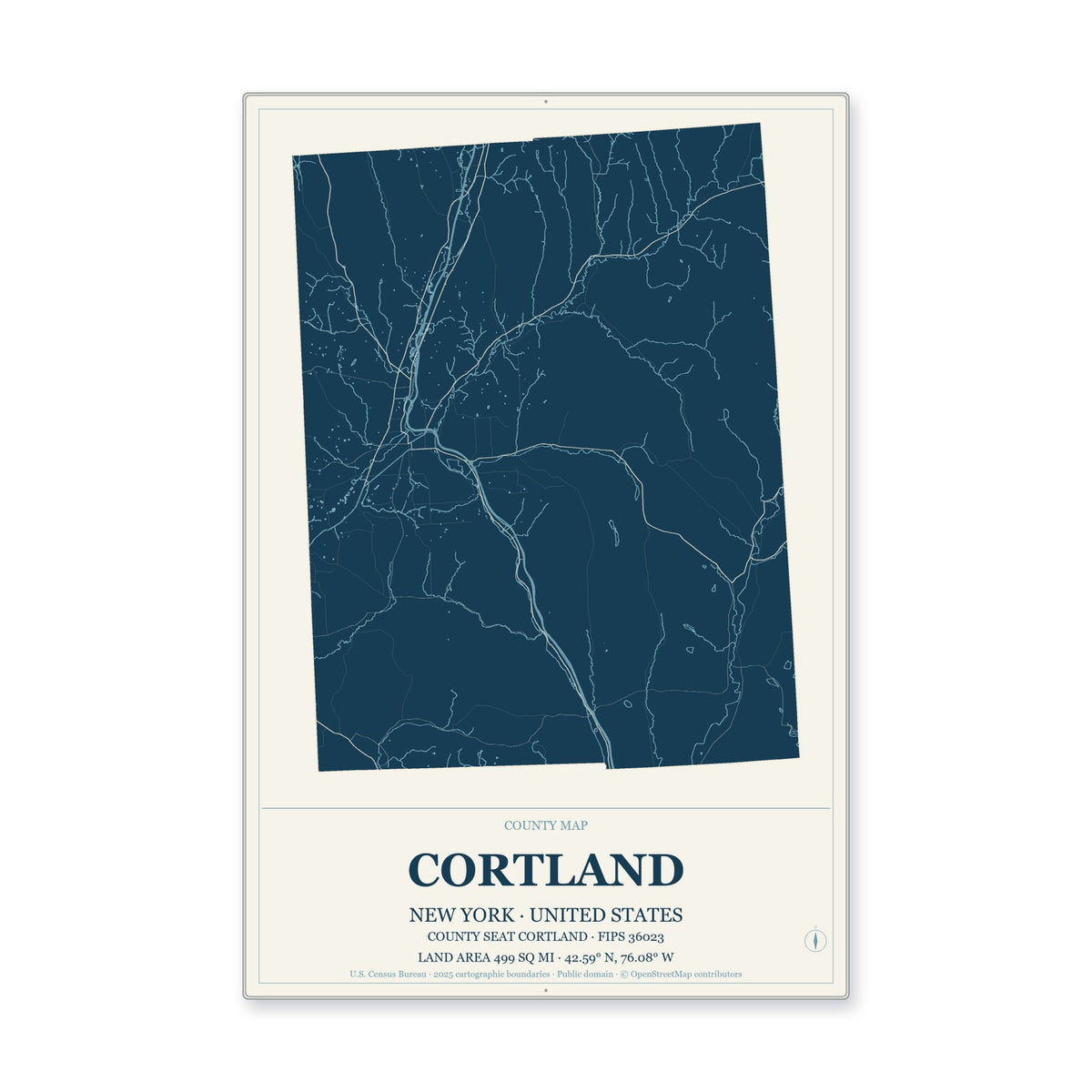Cortland County, New York Map Aluminum Sign in Coastal Cutout style