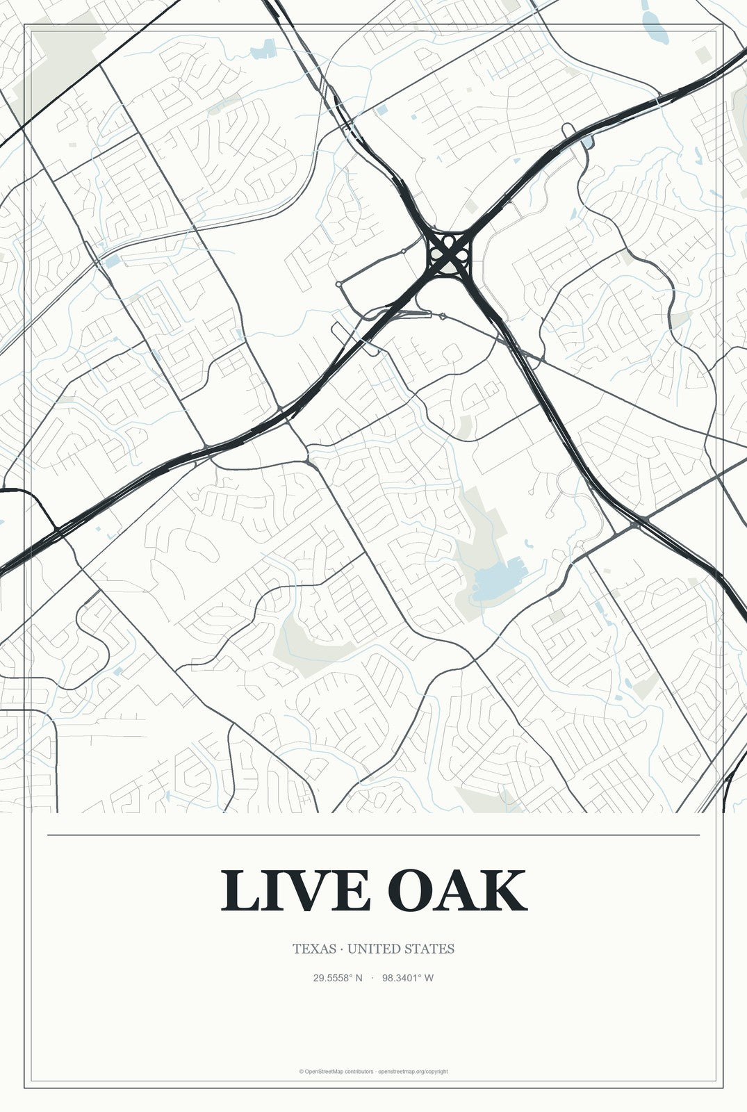 Live Oak, Texas City Map Aluminum Sign in Gallery Air style