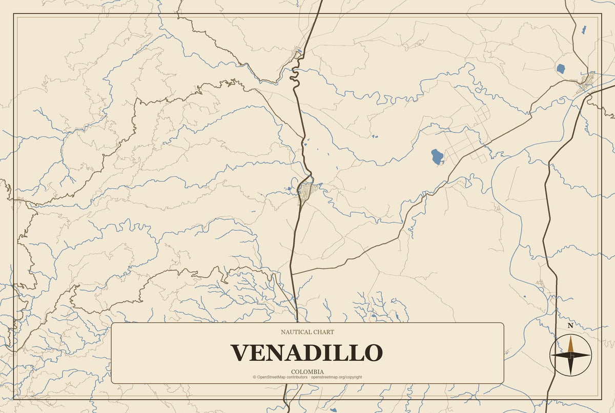 Venadillo, Colombia City Map Aluminum Sign in Heritage Nautical style