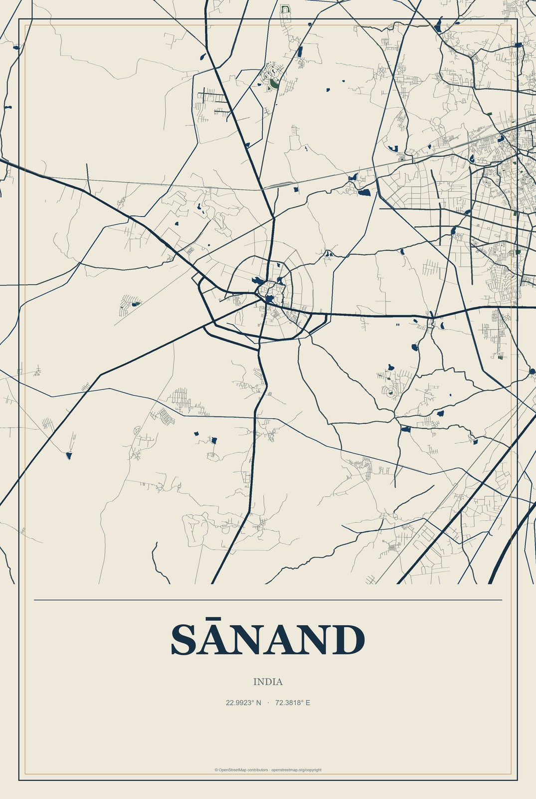 Sānand, India City Map Aluminum Sign in Coastal Cutout style