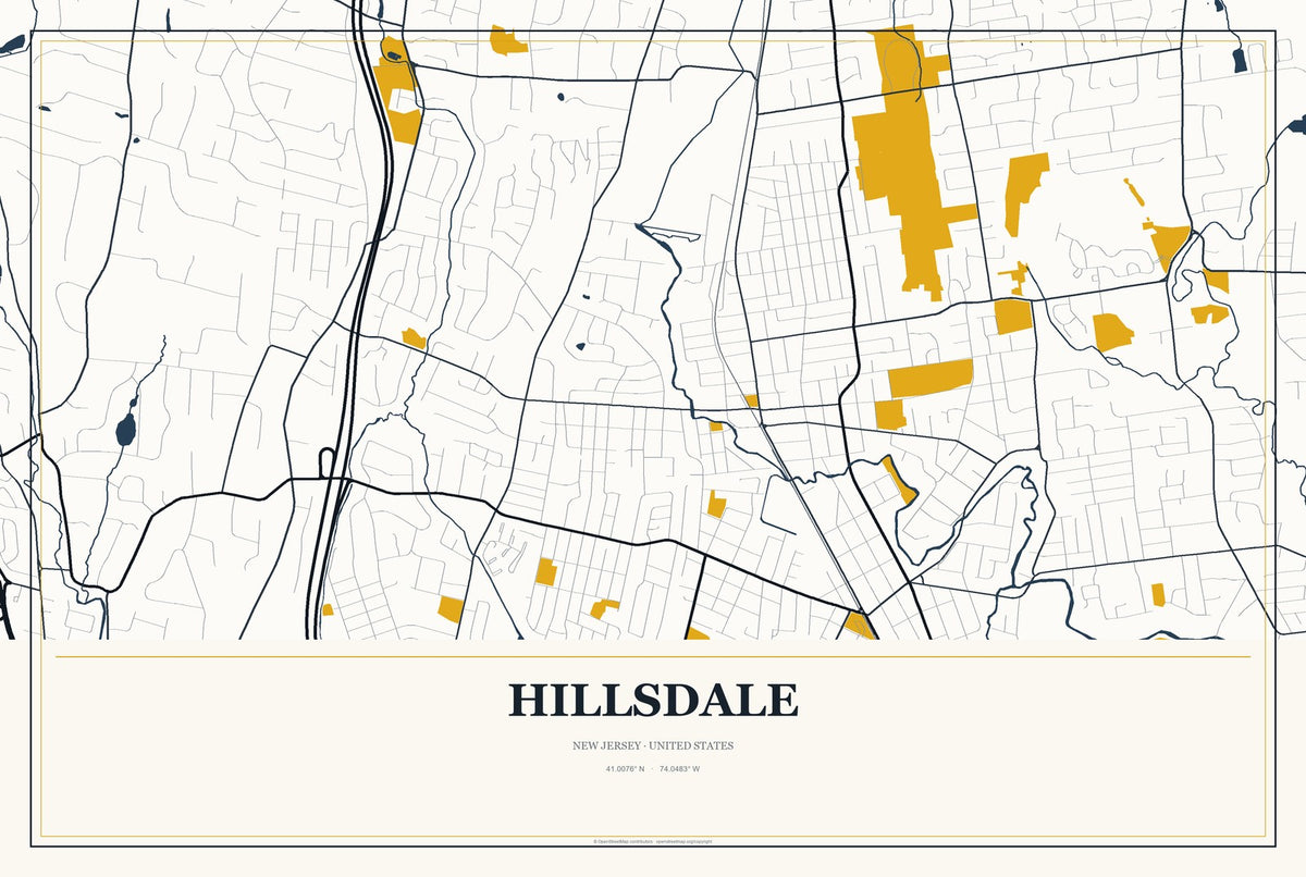 Hillsdale, New Jersey City Map Aluminum Sign in Citrine Modern style