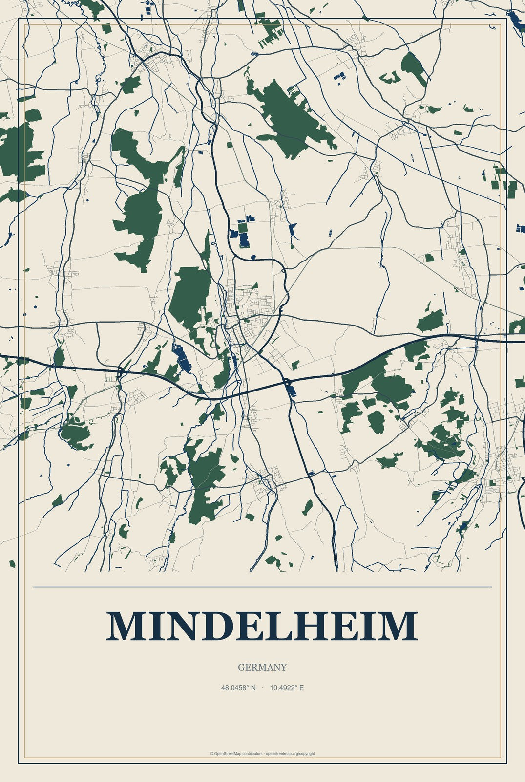 Mindelheim, Germany City Map Aluminum Sign in Coastal Cutout style