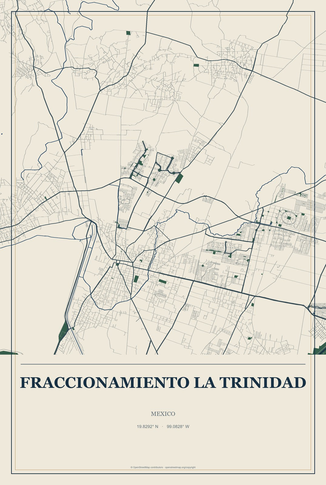 Fraccionamiento la Trinidad, Mexico City Map Aluminum Sign in Coastal Cutout style