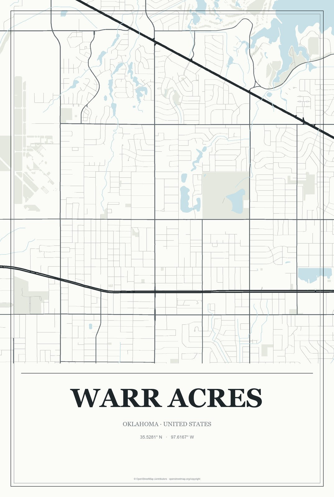 Warr Acres, Oklahoma City Map Aluminum Sign in Gallery Air style
