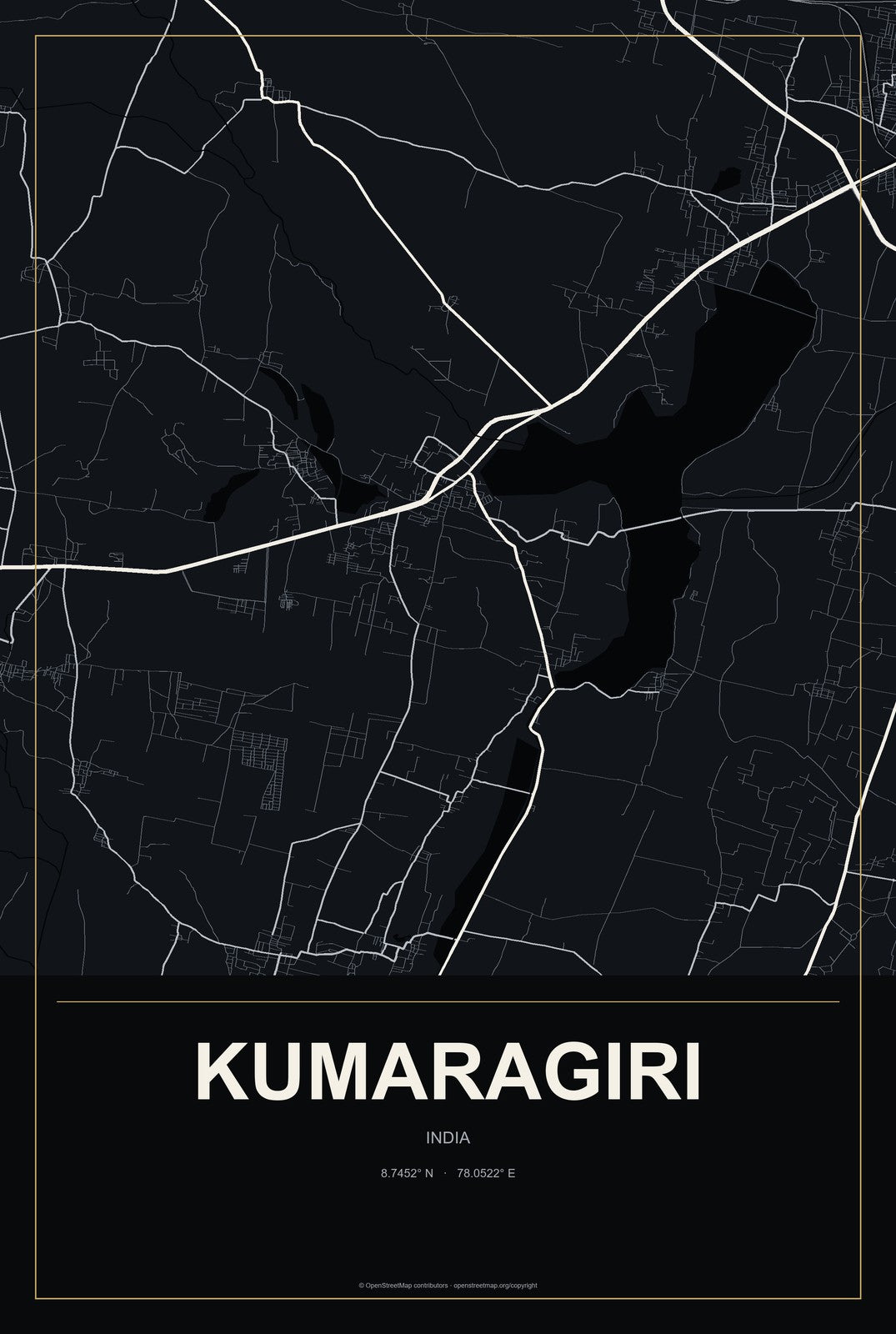 Kumaragiri, India City Map Aluminum Sign in Metropolitan Noir style