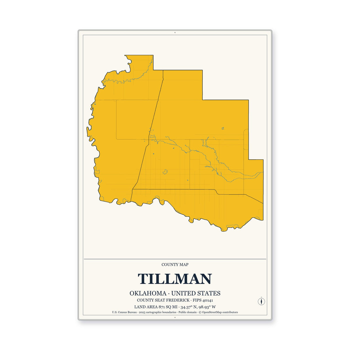 Tillman County, Oklahoma Map Aluminum Sign in Citrine Modern style