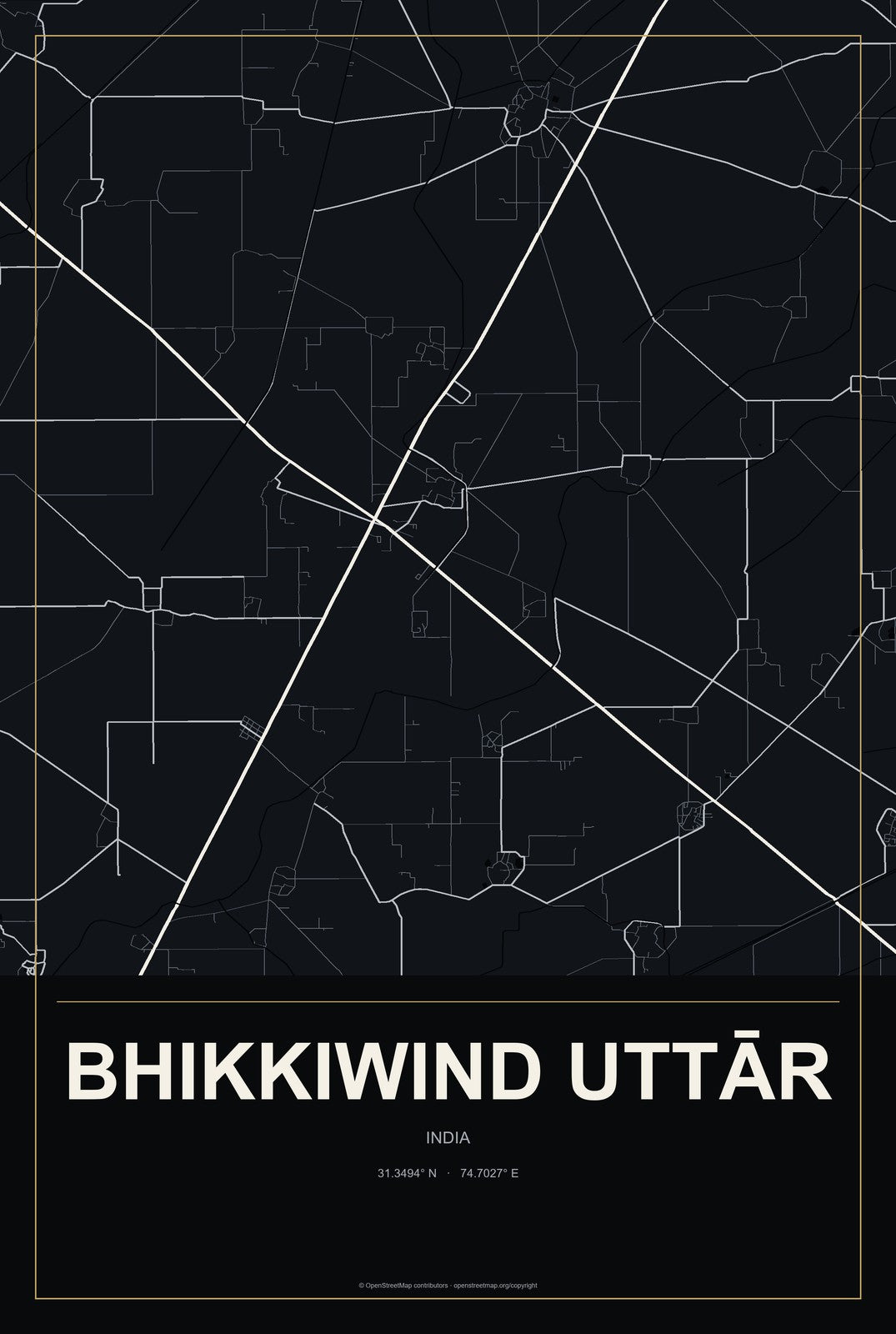Bhikkiwind Uttār, India City Map Aluminum Sign in Metropolitan Noir style