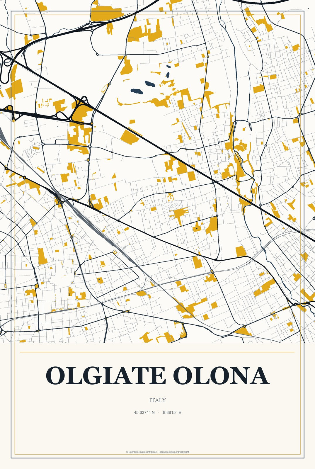 Olgiate Olona, Italy City Map Aluminum Sign in Citrine Modern style