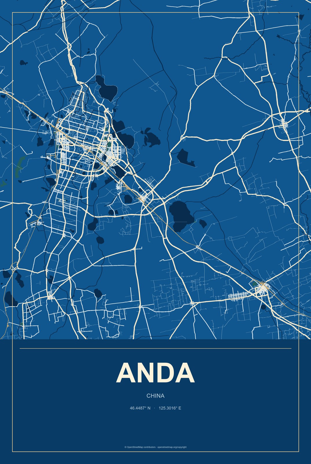 Anda, China City Map Aluminum Sign in Harbor Cobalt style