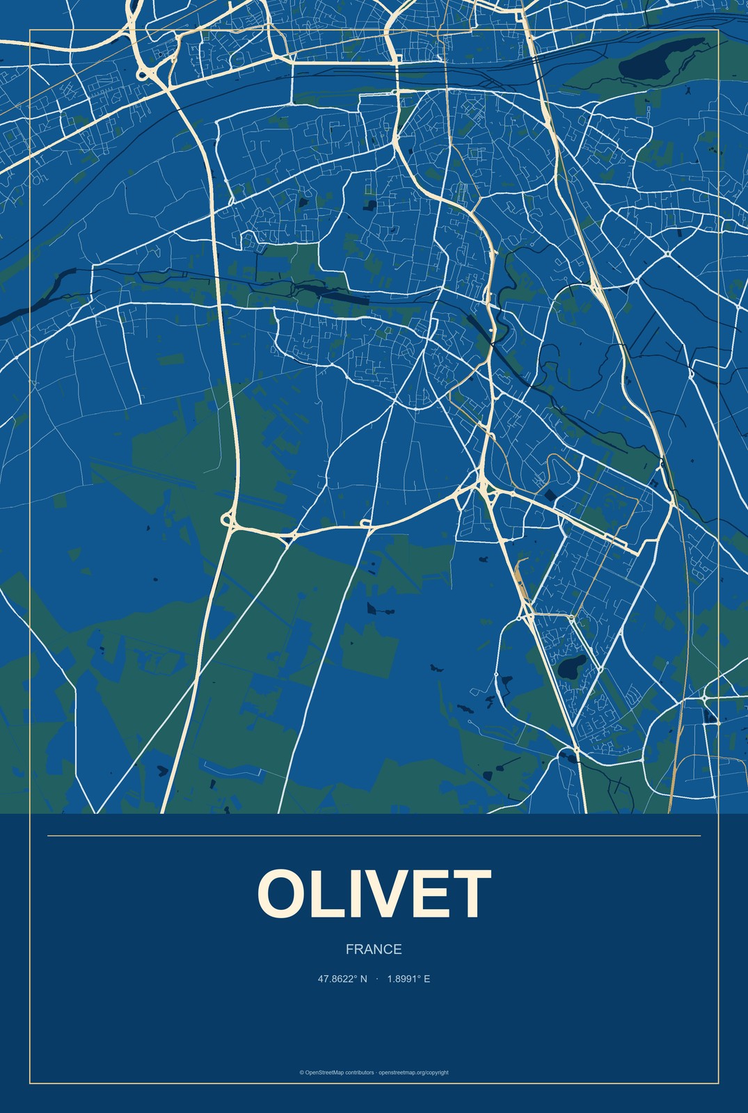 Olivet, France City Map Aluminum Sign in Harbor Cobalt style