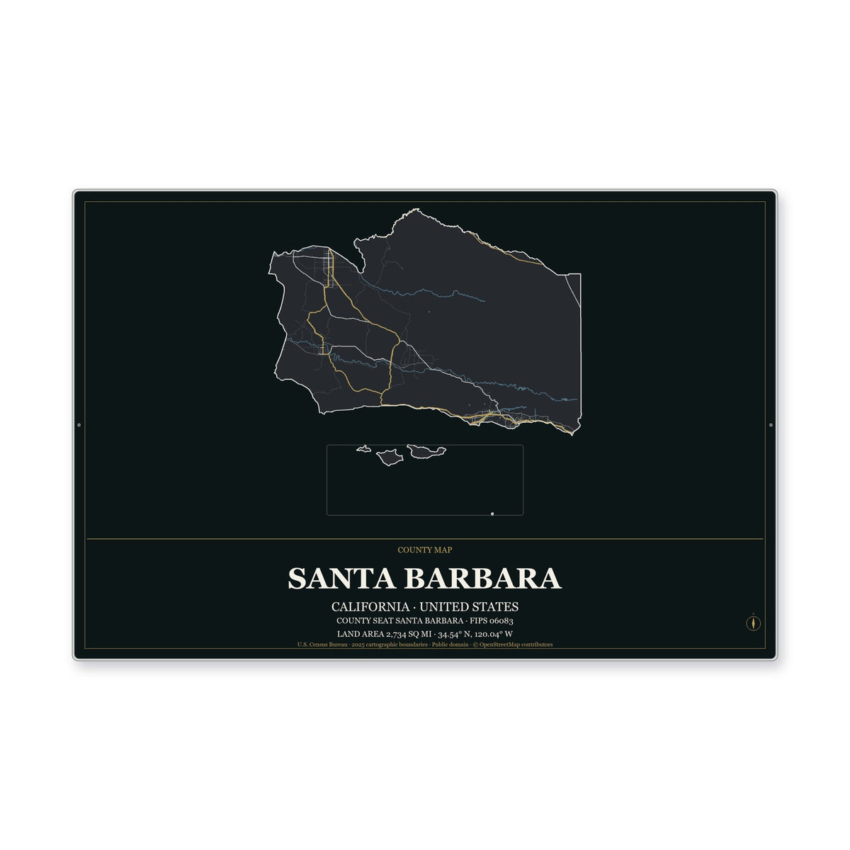 Santa Barbara County, California Map Aluminum Sign in Metropolitan Noir style