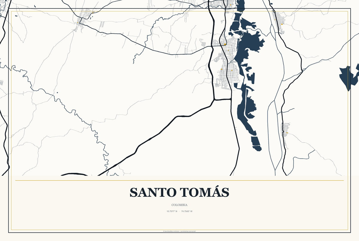 Santo Tomás, Colombia City Map Aluminum Sign in Citrine Modern style