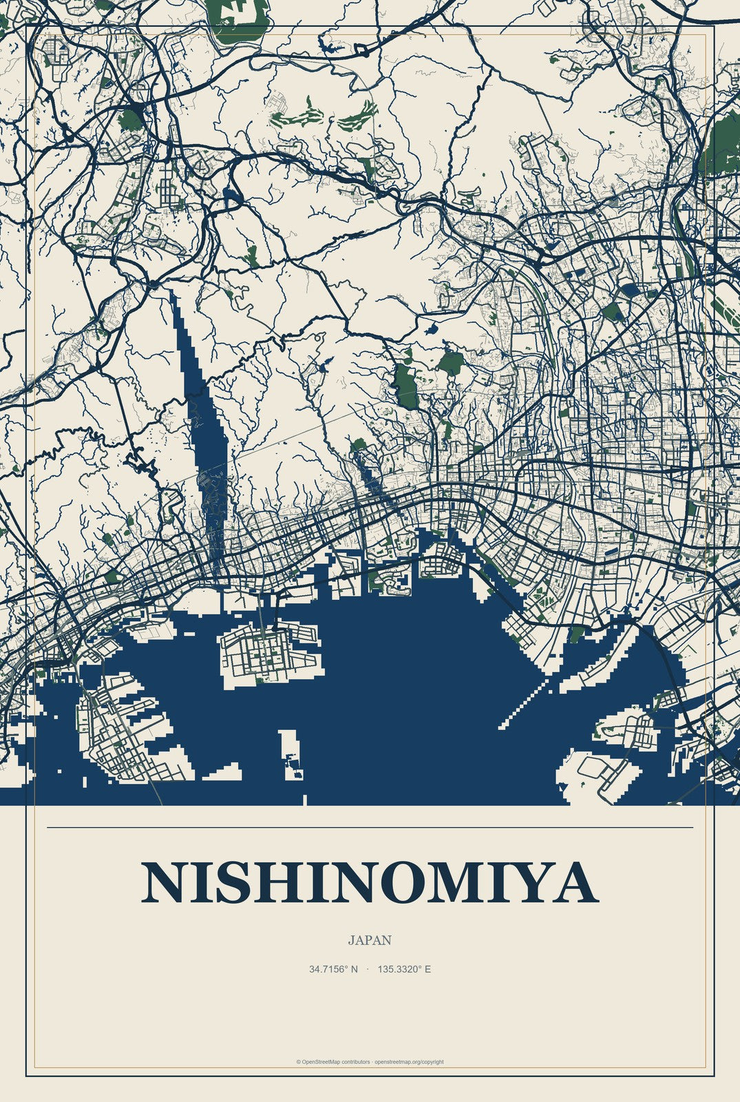 Nishinomiya, Japan City Map Aluminum Sign in Coastal Cutout style
