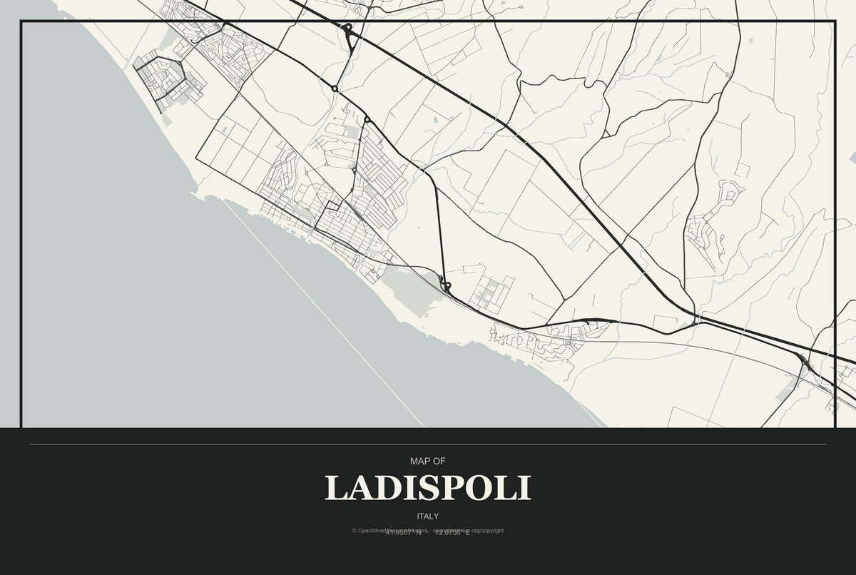 Ladispoli, Italy City Map Aluminum Sign in Museum Plaque style