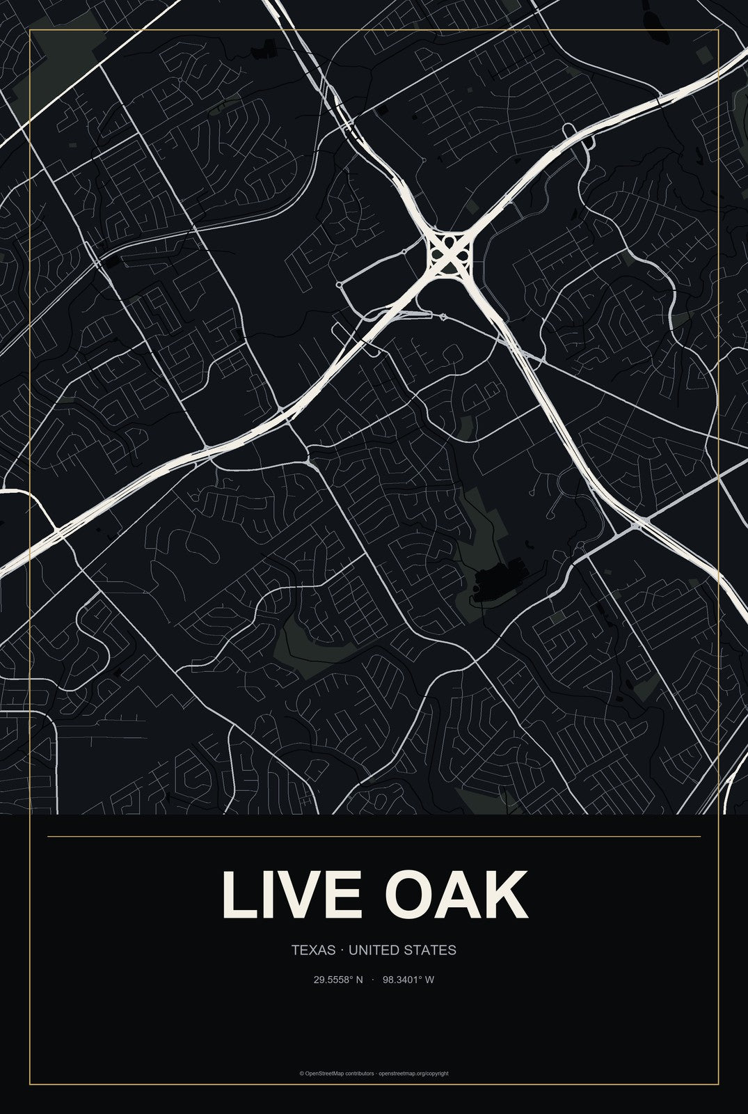 Live Oak, Texas City Map Aluminum Sign in Metropolitan Noir style