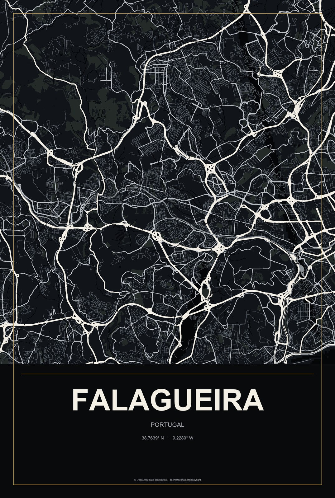 Falagueira, Portugal City Map Aluminum Sign in Metropolitan Noir style