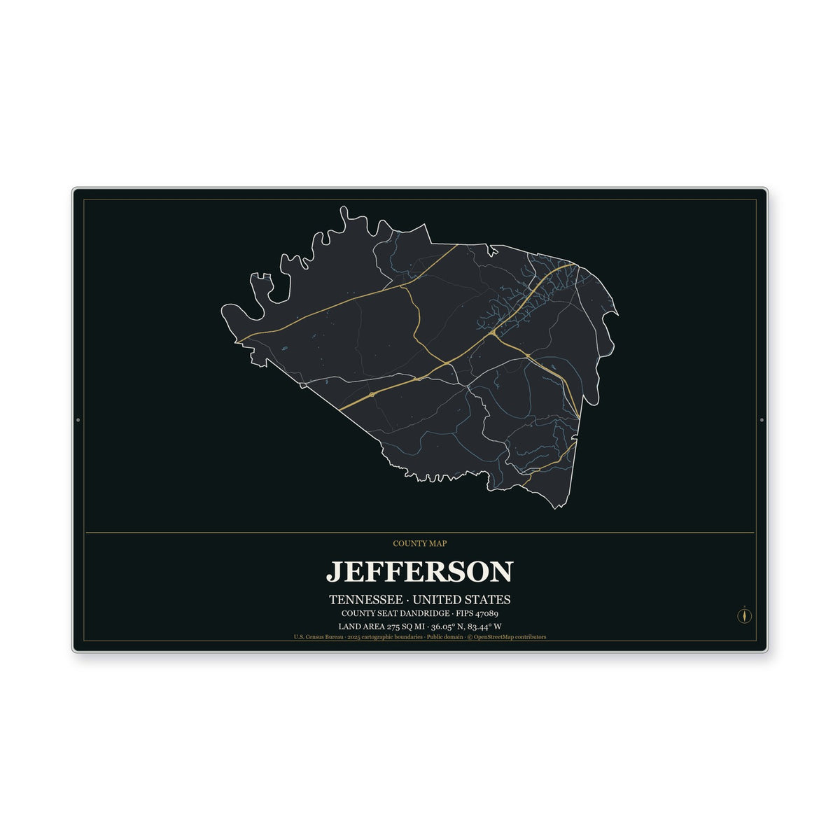 Jefferson County, Tennessee Map Aluminum Sign in Metropolitan Noir style