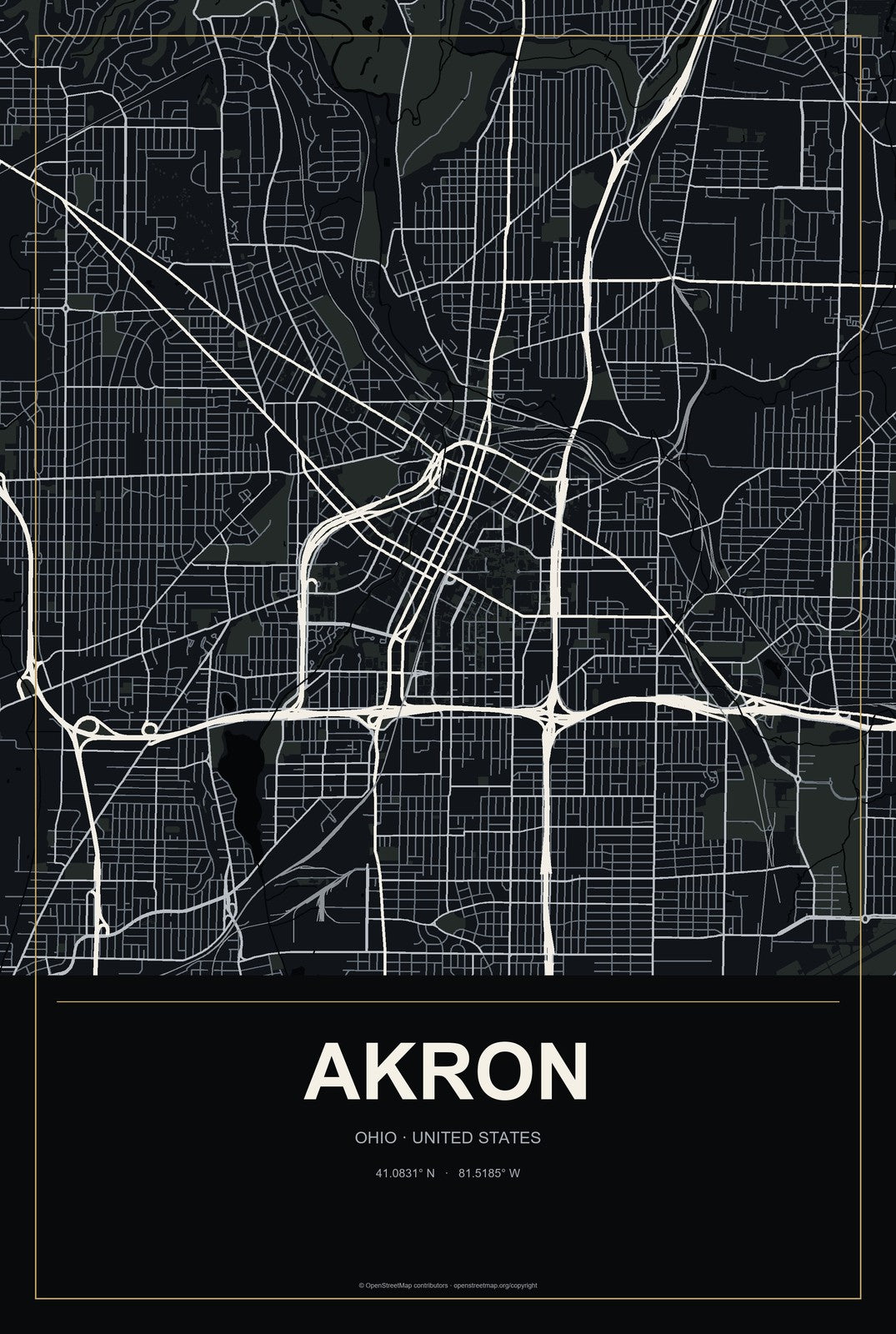 Akron, Ohio City Map Aluminum Sign in Metropolitan Noir style