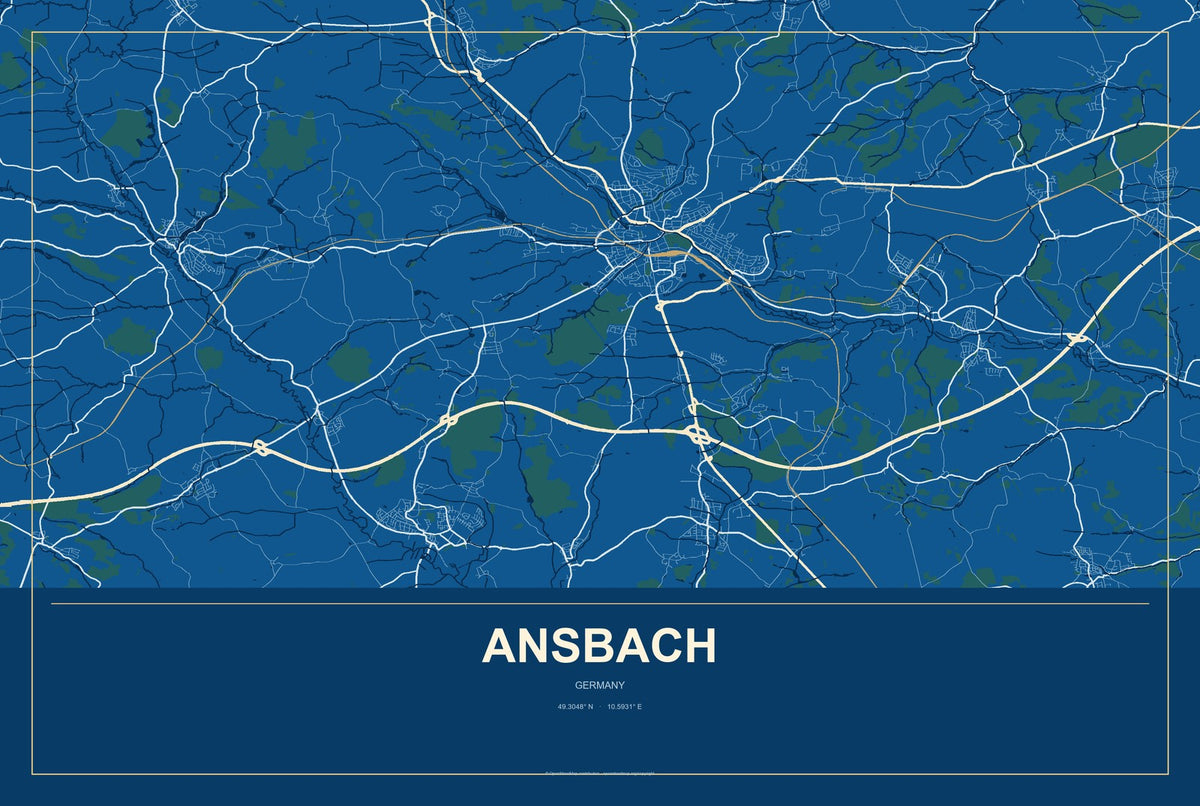 Ansbach, Germany City Map Aluminum Sign in Harbor Cobalt style