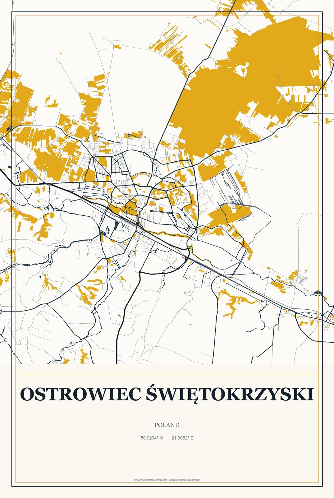 Ostrowiec Świętokrzyski, Poland City Map Aluminum Sign in Citrine Modern style