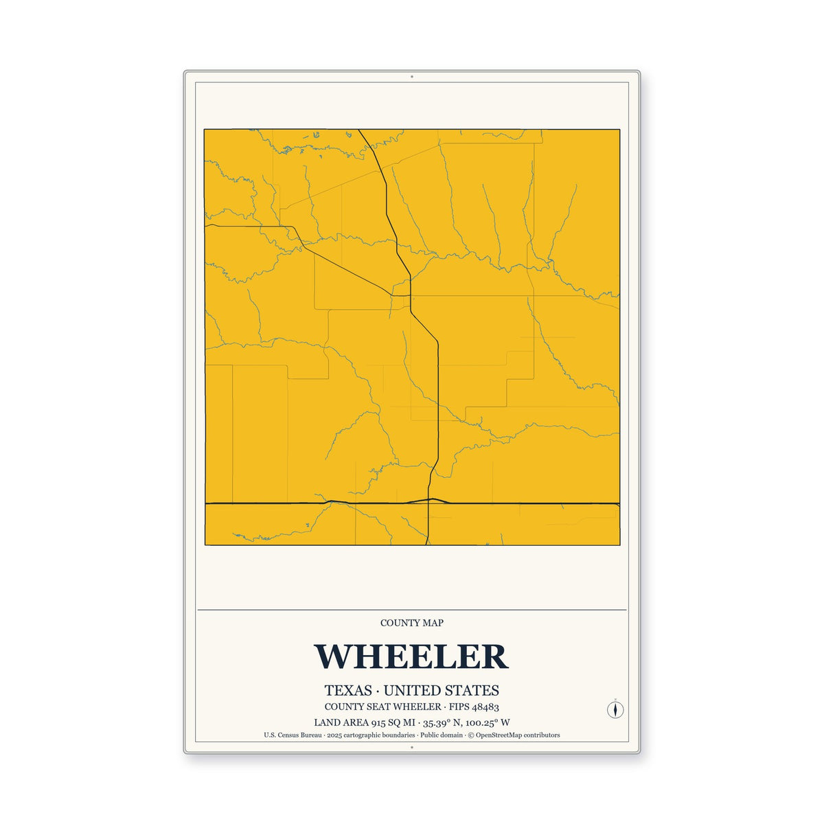 Wheeler County, Texas Map Aluminum Sign in Citrine Modern style