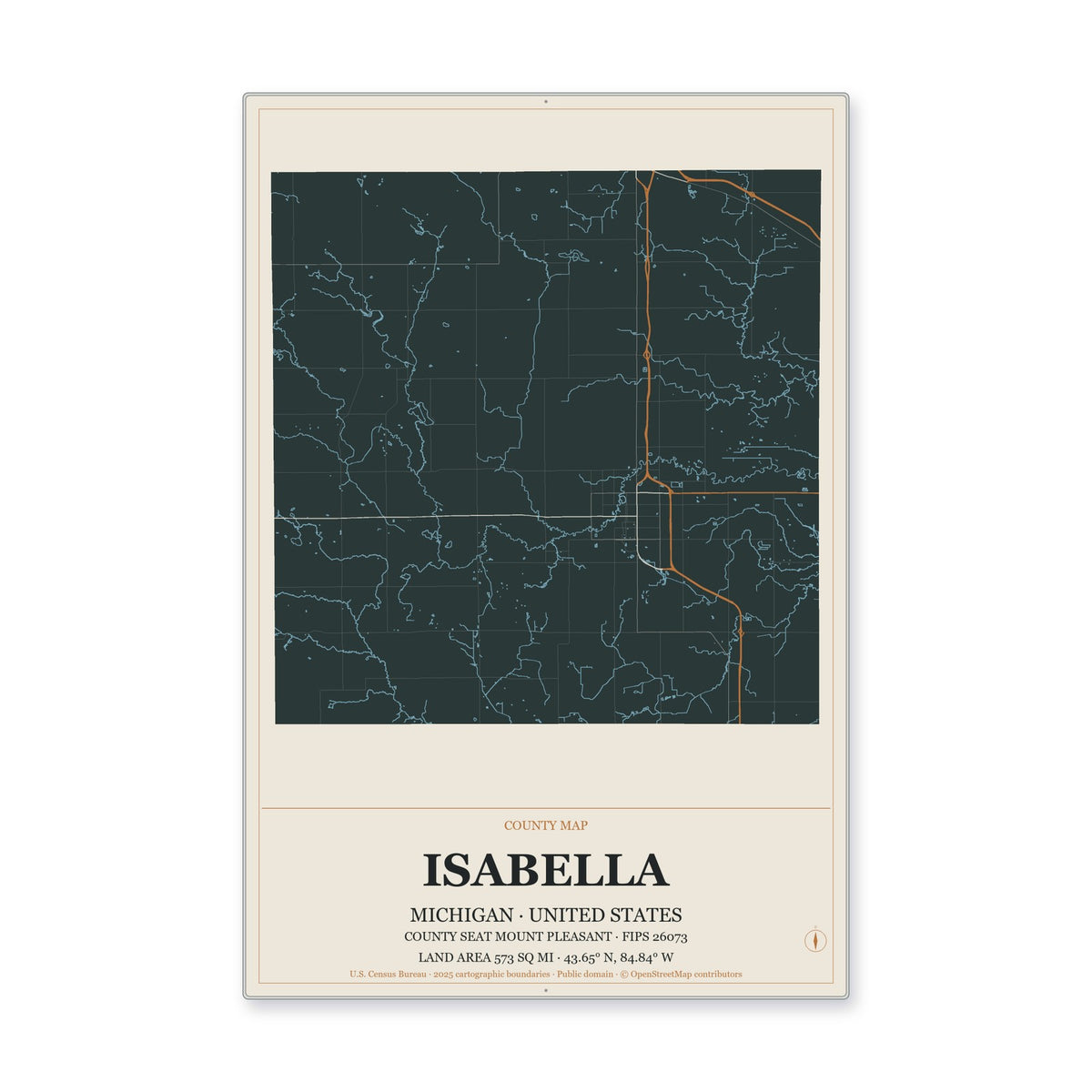 Isabella County, Michigan Map Aluminum Sign in Headline Atlas style