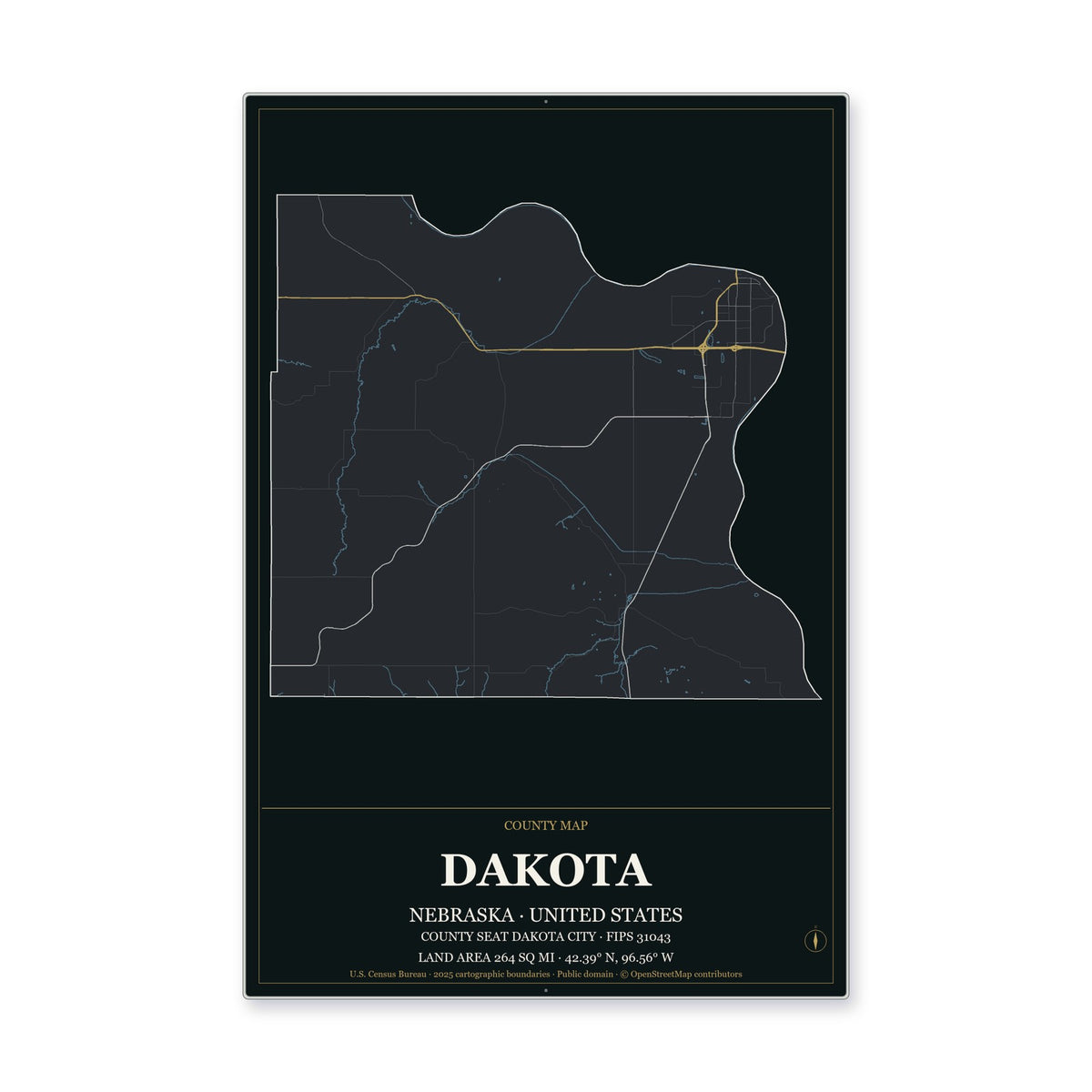 Dakota County, Nebraska Map Aluminum Sign in Metropolitan Noir style