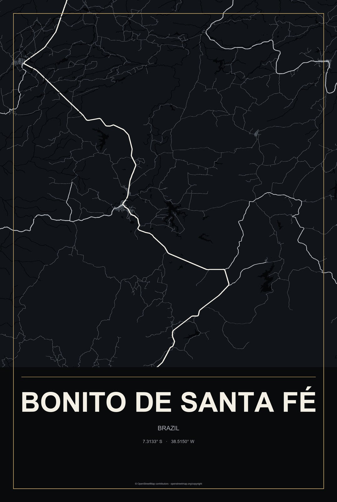 Bonito de Santa Fé, Brazil City Map Aluminum Sign in Metropolitan Noir style