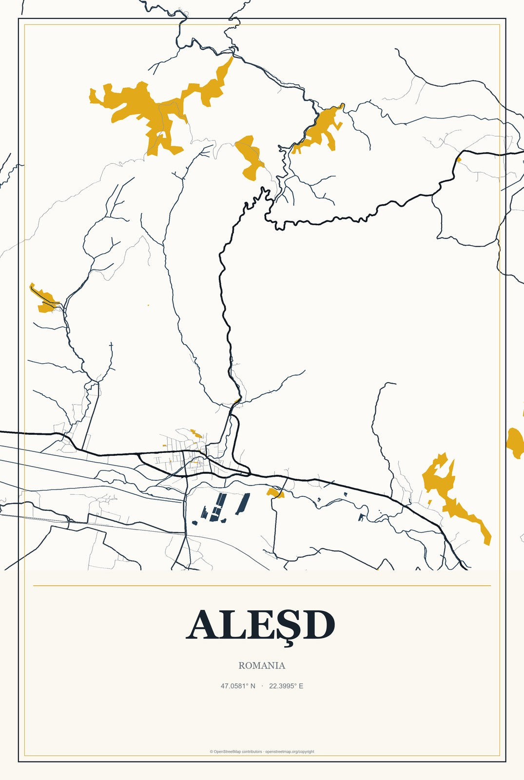 Aleşd, Romania City Map Aluminum Sign in Citrine Modern style