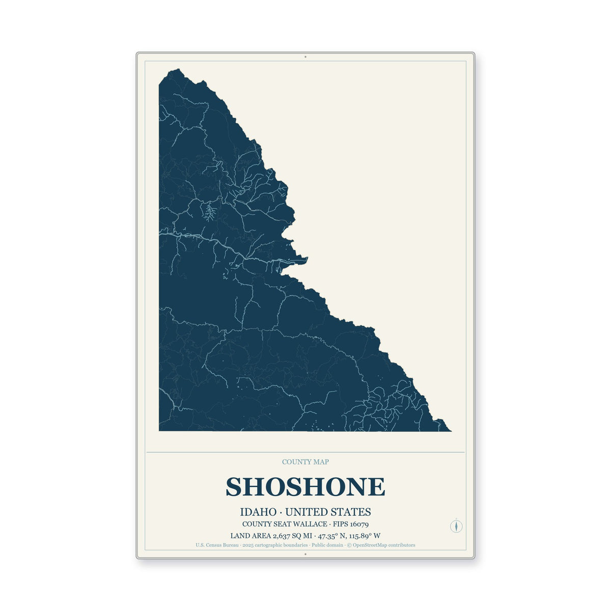 Shoshone County, Idaho Map Aluminum Sign in Coastal Cutout style