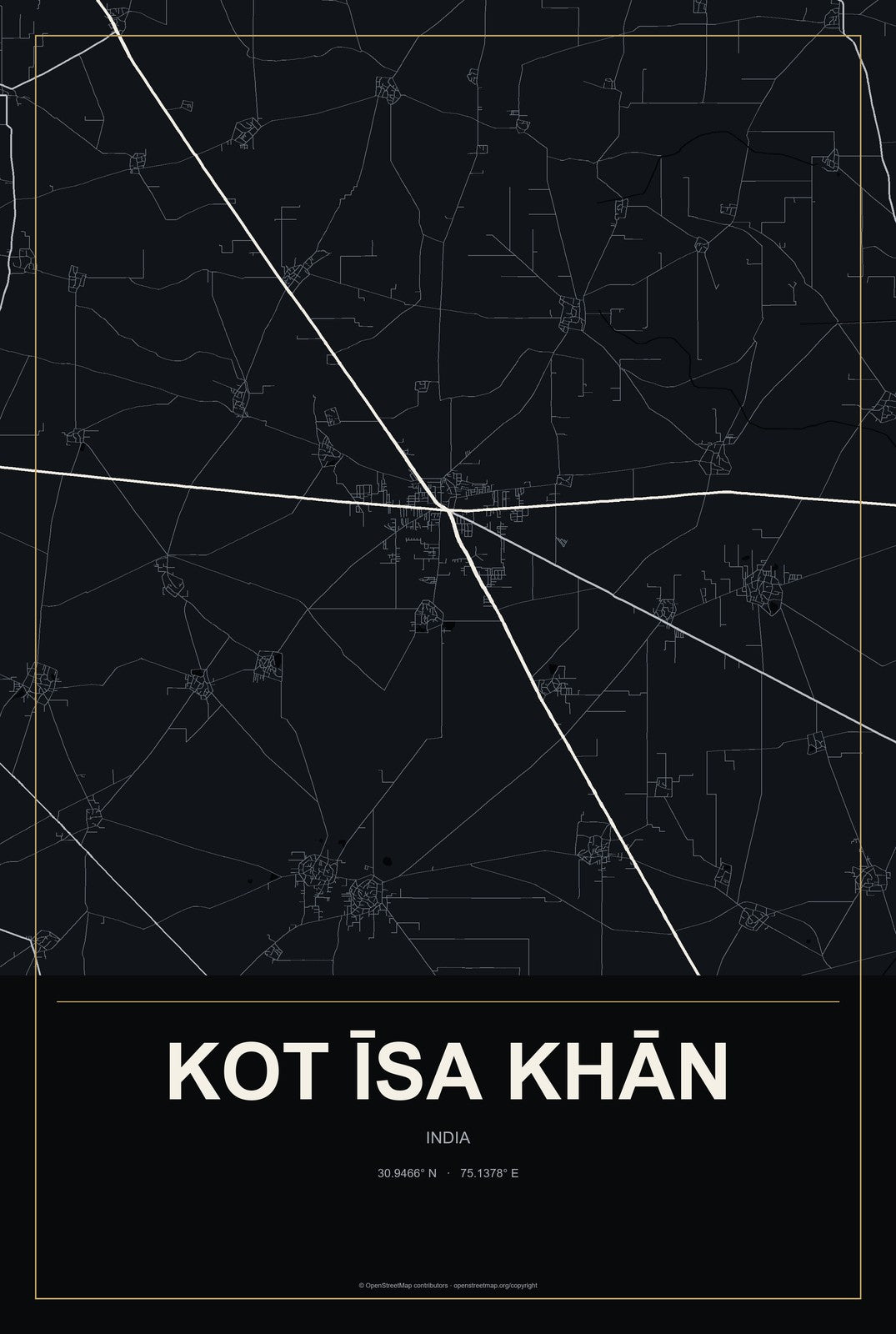 Kot Īsa Khān, India City Map Aluminum Sign in Metropolitan Noir style